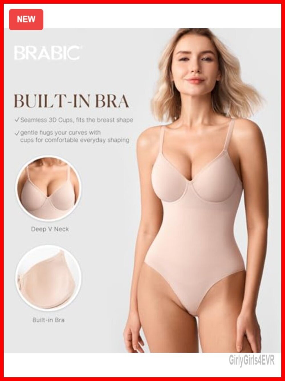 Tummy Control Shapewear Bodysuit Seamless Backless V-Neck Built-in Bra - Picture 3 of 7